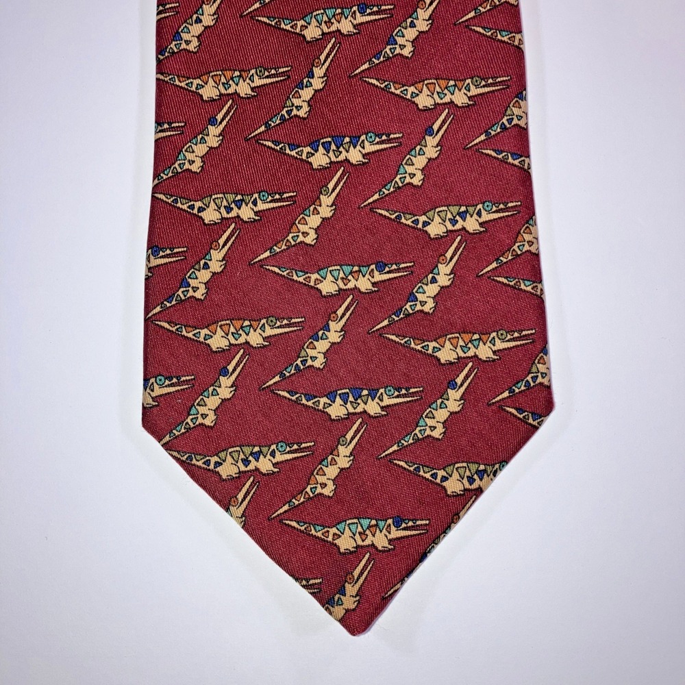 Salvatore Ferragamo Tie Mens Silk Italy Red‎ Alligator Print *Flaw
